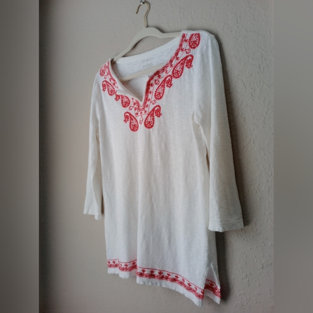 Talbots Vintage Top White & Red Embroidery Paisly 3/4 Sleeve Size S - Picture 2 of 6